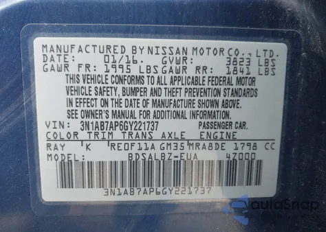2016 Nissan Sentra S z USA, uszkodzony, nr VIN 3N1AB7AP6GY221737